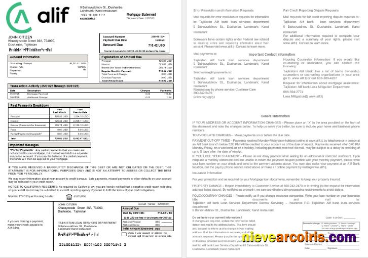 Tajikistan Alif Bank mortgage statement